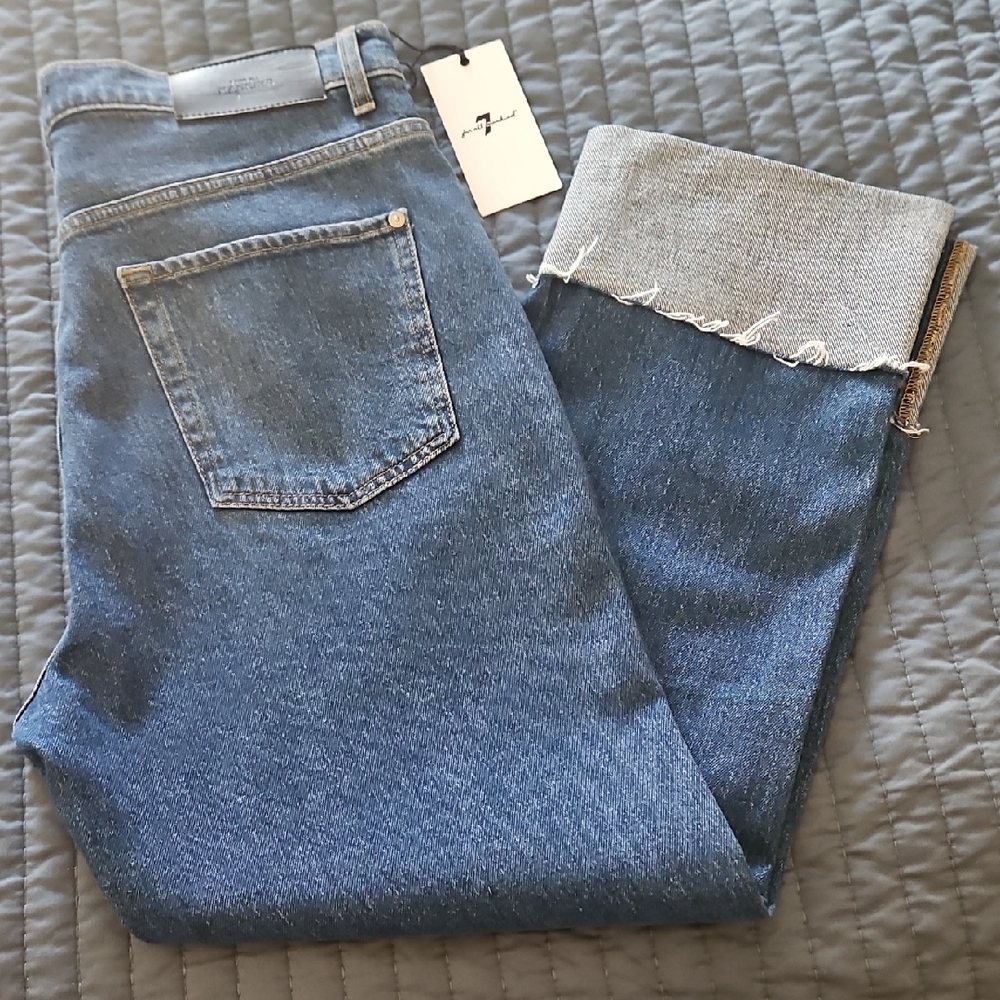 7 For All Mankind Logan Stovepipe Raw Cut Wide Cuff Jeans: Med Blue Wash: 32
